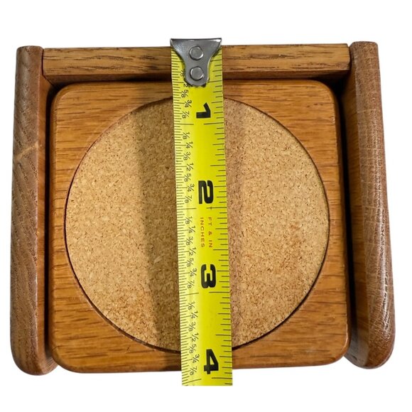 Set Of 6 Wooden Coasters With Cork Insert Matching Holder Vintage 80s Golden Oak - Picture 6 of 12